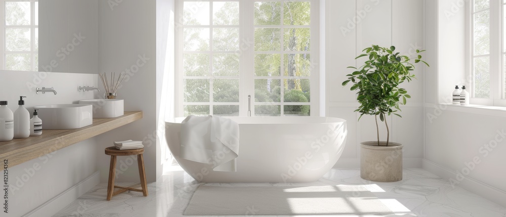 Clean white bathroom with minimalist fixtures Clean white bathroom with minimalist fixtures