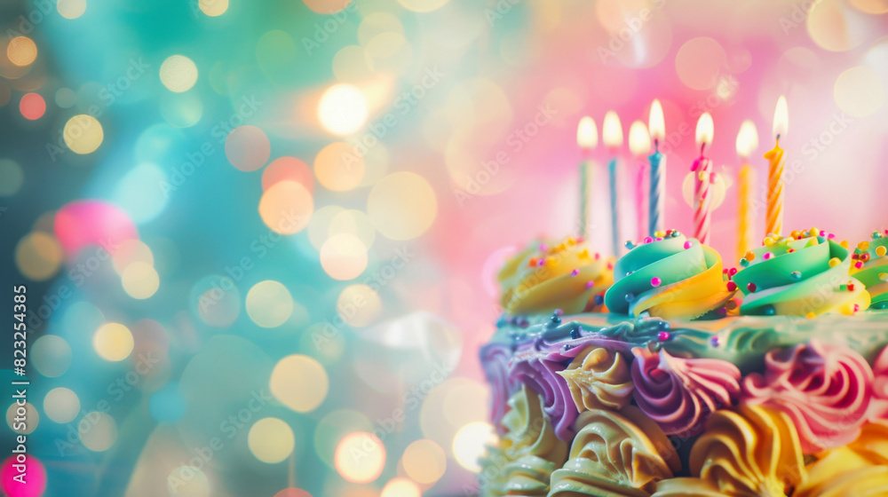 A birthday cake with candles on blurred background A birthday cake with candles on blurred background