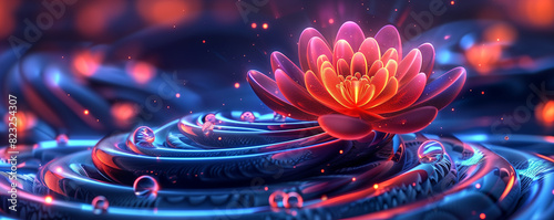 A beautiful pink flower is floating on a blue body of water #823254307