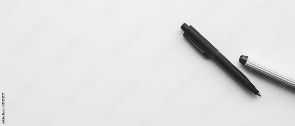 Clean white workspace with a single black pen Clean white workspace with a single black pen