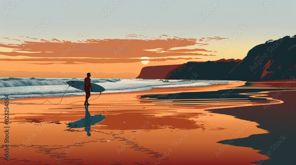 A Surfer Carrying Their Board Along A Deserted Beach At Dawn, Cartoon ,Flat color