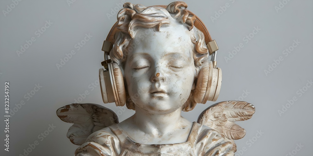 Cherub in headphones depicted against a white background. Concept Portrait, Cherub, Headphones, White Background, Music Cherub in headphones depicted against a white background. Concept Portrait, Cherub, Headphones, White Background, Music