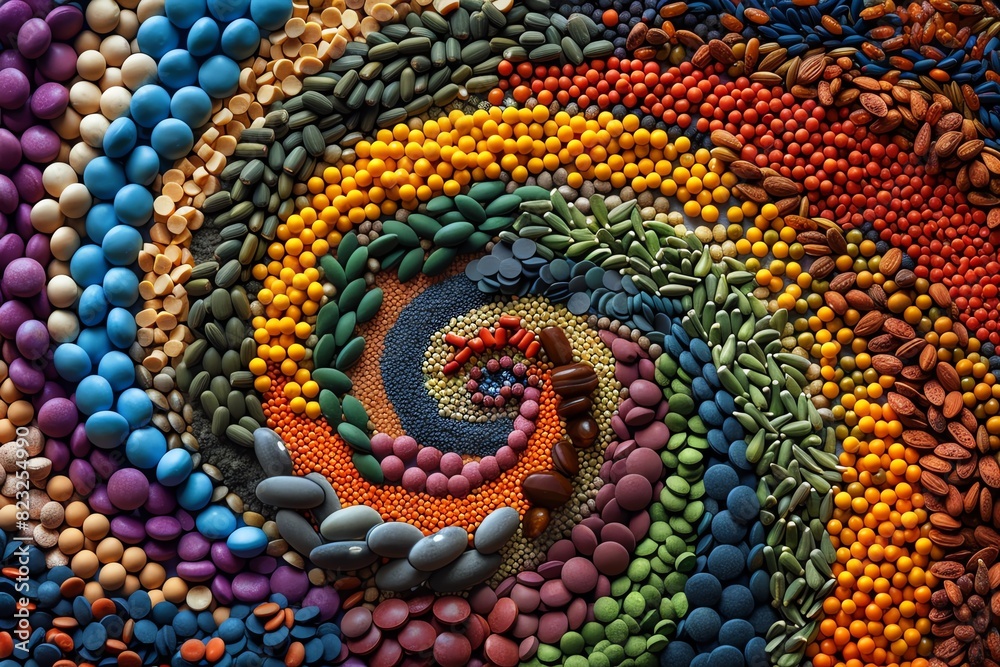 Vibrant spiral pattern made of diverse colorful seeds and grains illustrating nature's bounty in an artistic arrangement. Vibrant spiral pattern made of diverse colorful seeds and grains illustrating nature's bounty in an artistic arrangement.