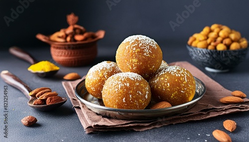 Indian sweet dish besan laddu kept in a plate.	