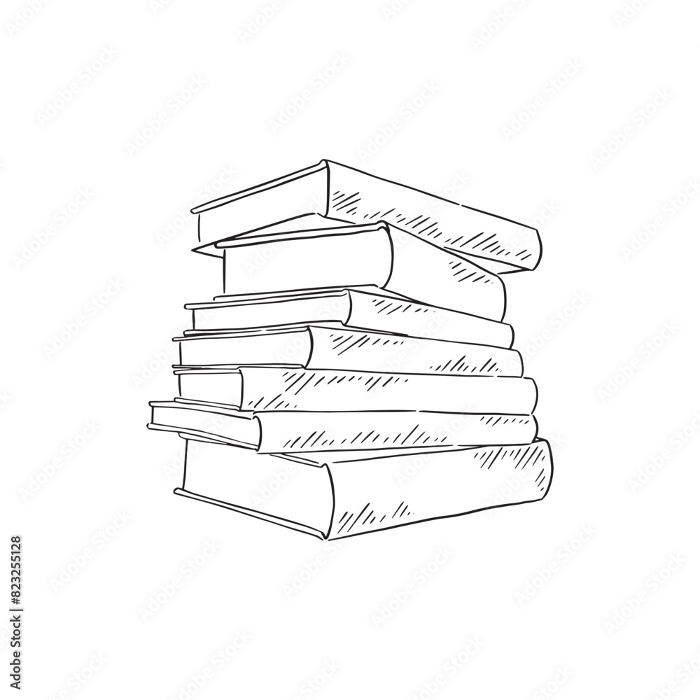 Fototapeta premium A stack of books in black and white line drawing. Drawn by hand in a sketchy style. 