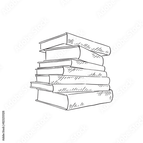 A stack of books in black and white line drawing. Drawn by hand in a sketchy style. 