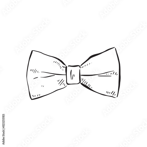 A line drawn bow tie in black and white. Drawn by hand and shaded with lines. 
