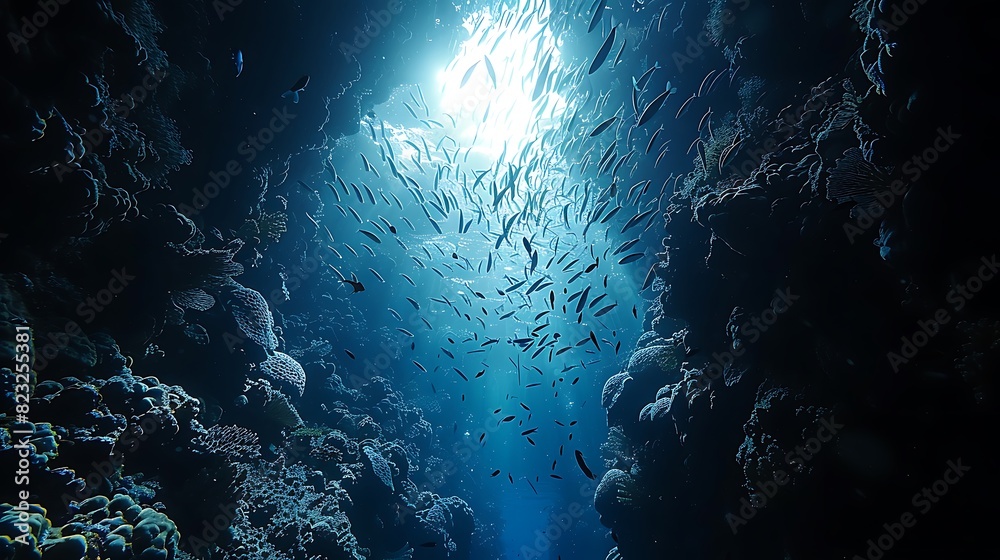 Beneath azure waters of the Great Barrier Reef a school of tropical fish dance in a mesmerizing underwater ballet