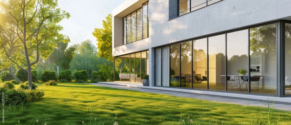 Fototapeta premium Minimalist architectural design with straight lines and large windows