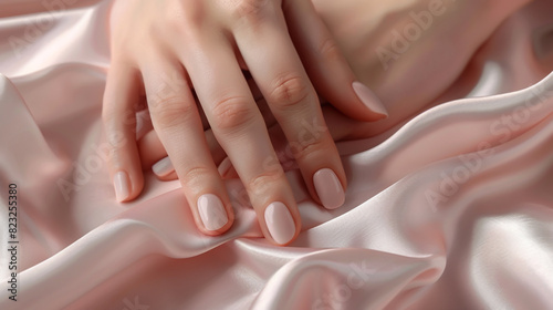 A closeup of a beautiful woman s hands with manicured nails on a light pink silk background 