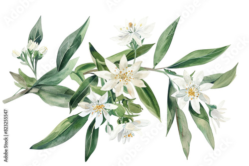 Watercolor edelweiss clipart with small white flowers and green leaves 