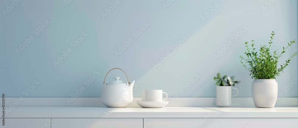 Minimalist kitchen with a single white teapot Minimalist kitchen with a single white teapot
