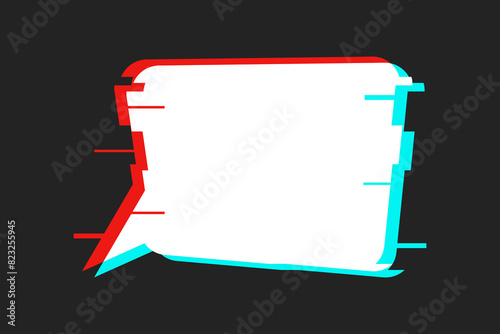 White speech bubble with retro glitch effect on a textured background. Broken pixels, banner template with empty space for text.