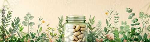 Close-up of a glass jar filled with natural pebbles and green leaves on a beige background. photo