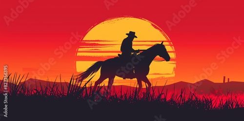 Silhouette vector illustration of a cowboy on horseback at sunset.