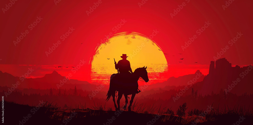 Silhouette vector illustration of a cowboy on horseback at sunset.