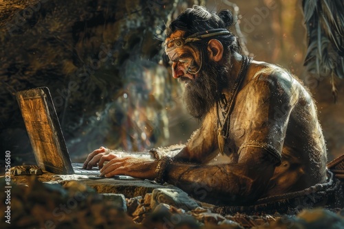 Ancient Stone Age Programmer, Prehistoric Programming, Neanderthal Man Working photo