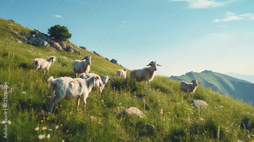 Obraz premium A photo of a group of goats grazing on a hillside.