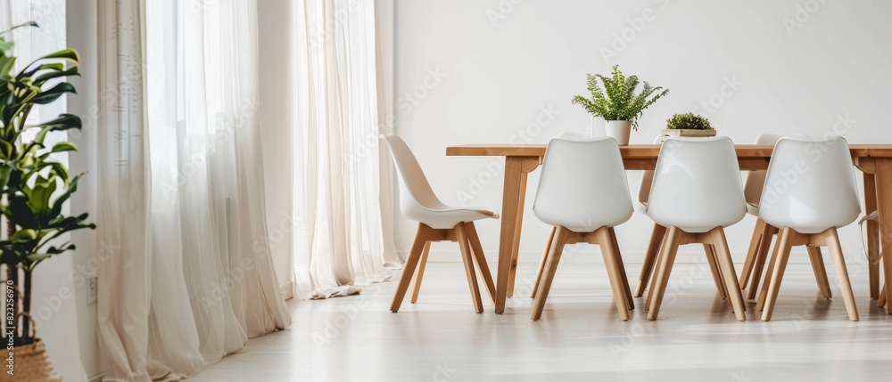 Simple white and wooden dining table set with minimal decorations Simple white and wooden dining table set with minimal decorations