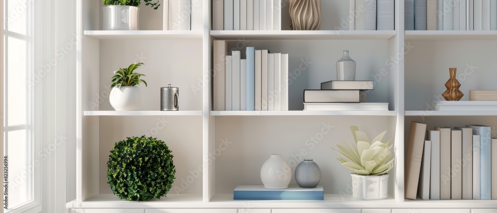 Simple white bookshelf with a few carefully selected books and decor items Simple white bookshelf with a few carefully selected books and decor items