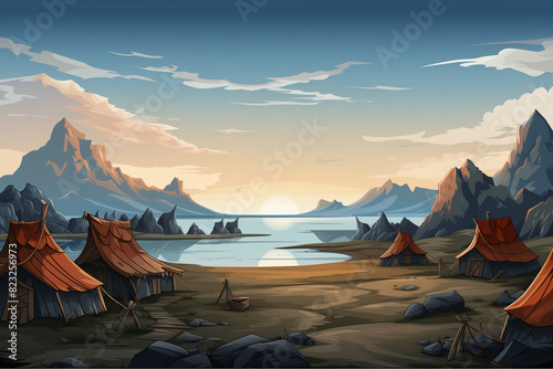 Viking Village by the Sea at Sunset, Rustic Illustration, Historical Scene photo
