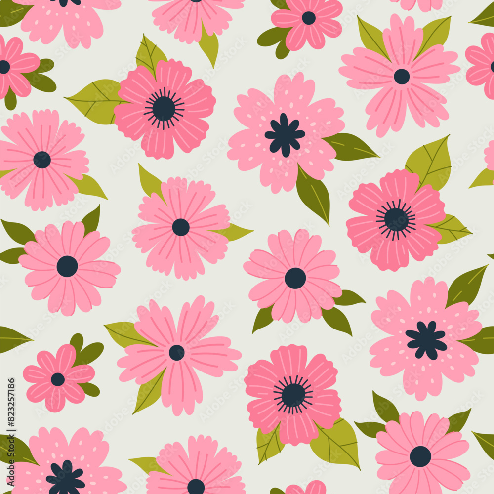 Seamless pattern with pink flowers of different shapes. Vector graphics. Seamless pattern with pink flowers of different shapes. Vector graphics.