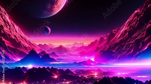 Futuristic cosmic animation with deep space, galaxy, and futuristic cityscape on the planet. Neon pink cosmic animation with illustrations transformations and metamorphoses. AI-generated cinematic 
 photo