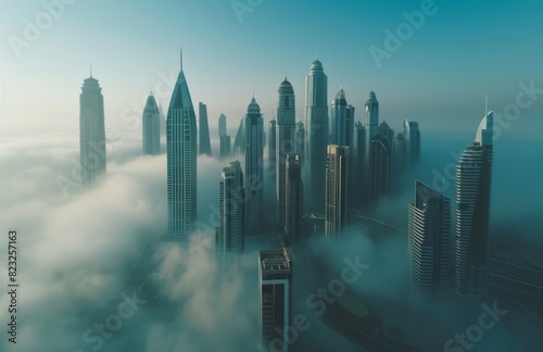A drone shot of the foggy skyline with skyscrapers