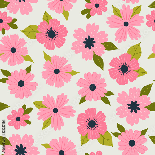 Seamless pattern with pink flowers of different shapes. Vector graphics.