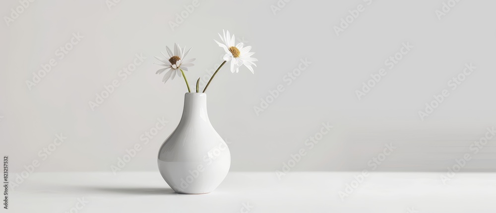White ceramic vase with a single flower on a plain background White ceramic vase with a single flower on a plain background