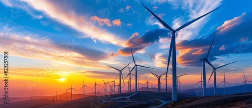 Wind farm at sunset with turbines silhouetted against the sky photo