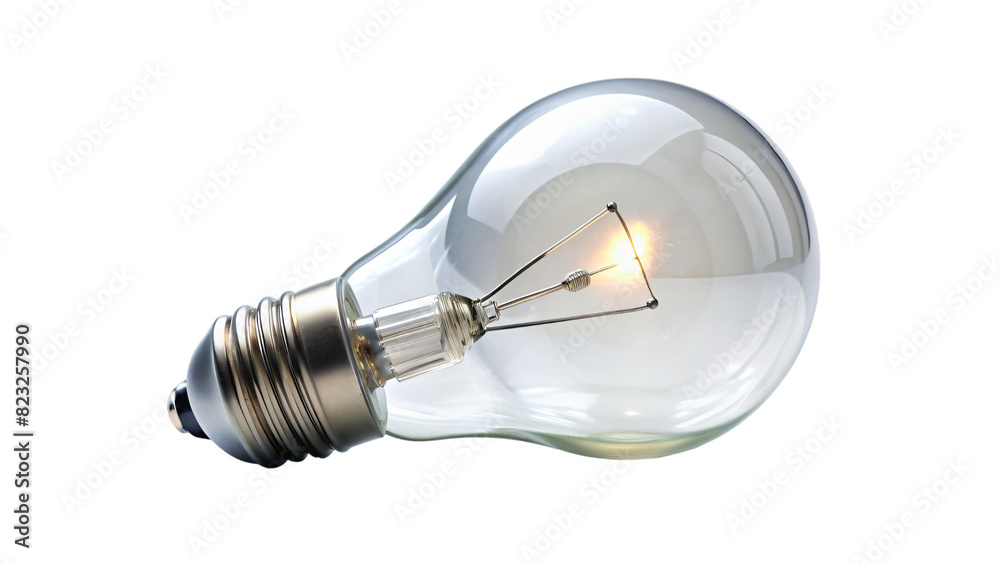 A classic, glass incandescent light bulb sits alone on a bright white background A classic, glass incandescent light bulb sits alone on a bright white background