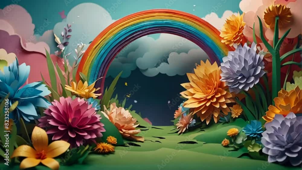 Beautiful illustration with flowers, rainbow in paper style Beautiful illustration with flowers, rainbow in paper style