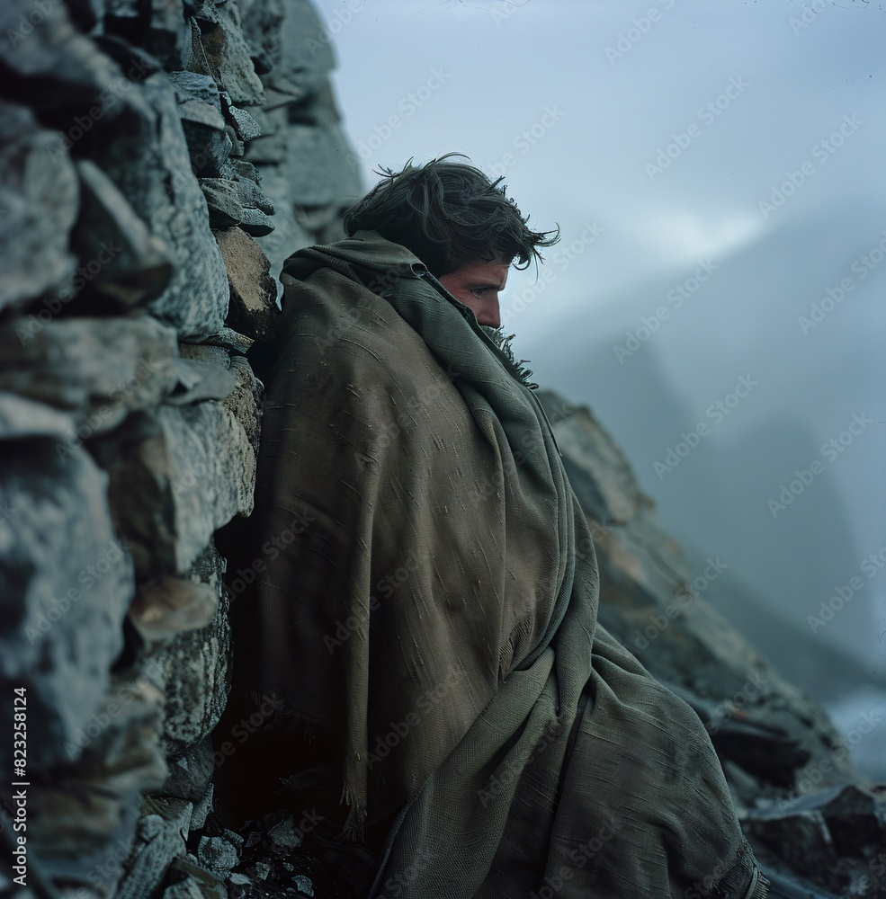 A soldier wrapped in a heavy blanket, huddled against a stone wall, with cold, misty surroundings suggesting a harsh environment A soldier wrapped in a heavy blanket, huddled against a stone wall, with cold, misty surroundings suggesting a harsh environment