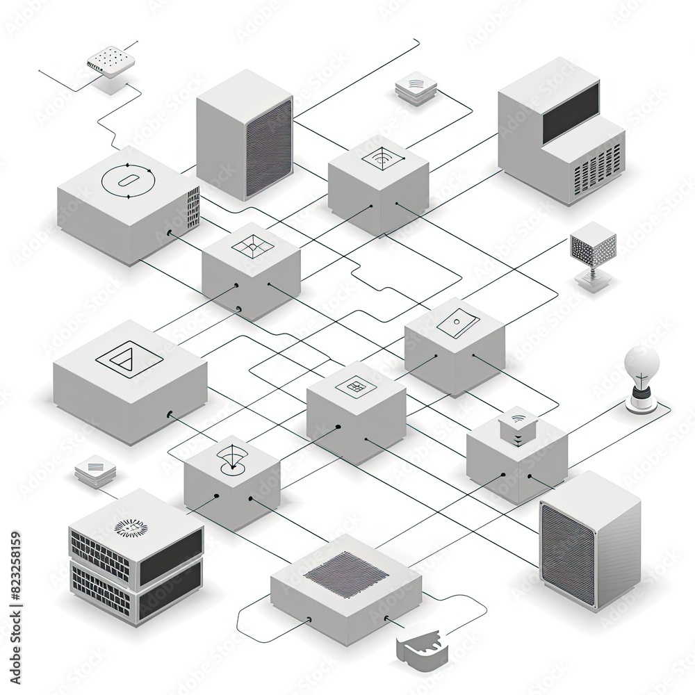 an isometric 2D illustration of a network in grey on a white background