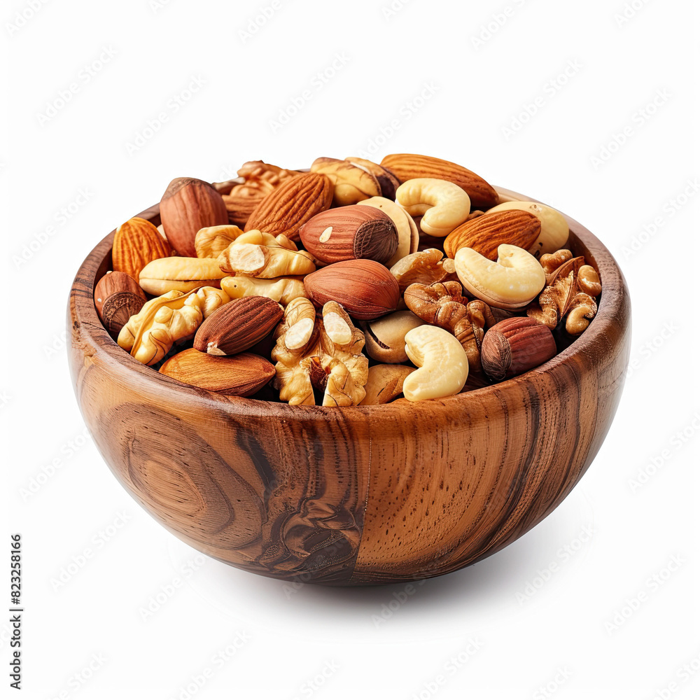 Mixed nuts isolated on white background. Special mixed nuts in wooden bowl Mixed nuts isolated on white background. Special mixed nuts in wooden bowl