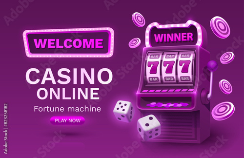 Casino 777 banner slots machine winner, jackpot fortune of luck. Vector illustration