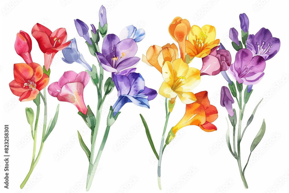 Watercolor freesia clipart with fragrant blooms in various colors Watercolor freesia clipart with fragrant blooms in various colors