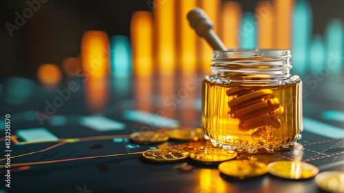A full honey jar surrounded by scattered coins on glowing financial graphs, symbolizing liquidity and sweet returns on investments. photo