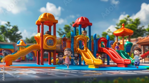 3D realistic cartoon children running and playing on a colorful playground with slides and swings, showing joyful expressions