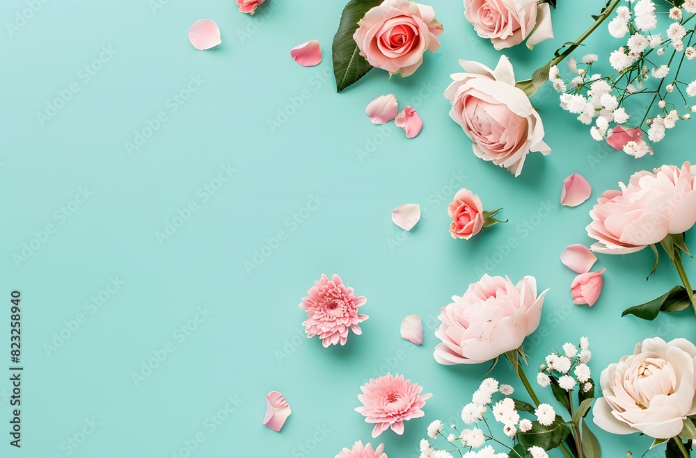 Pastel Pink Roses and Chrysanthemums on Turquoise Background