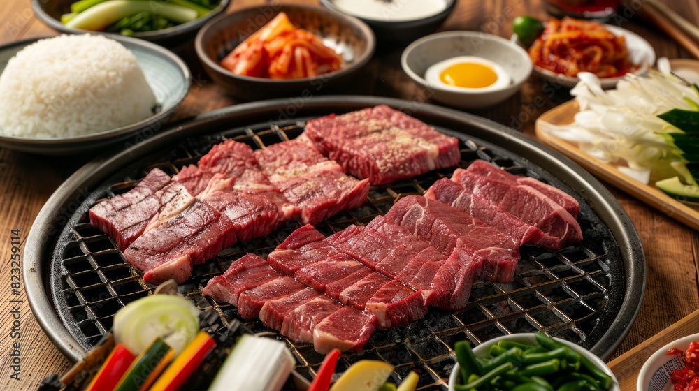 Fresh vegetables with raw rice, whole beef, and beef slices. Fresh vegetables with raw rice, whole beef, and beef slices.