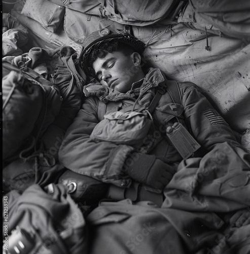A soldier resting on a makeshift bed, wrapped tightly in a blanket, with personal items and gear scattered around them