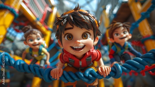 Fototapeta Naklejka Na Ścianę i Meble -  3D realistic cartoon children climbing a jungle gym and laughing together, capturing the fun and energy of playground activities