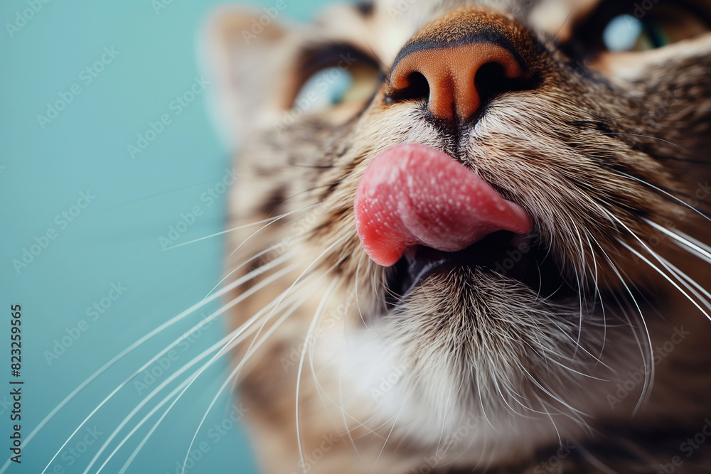 A cat with a pink tongue is licking its face