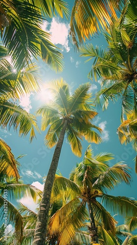 Palm trees and leaves in vibrant green and yellow tones against bright blue sky  Graphic resource with copy space and wallpaper or thumbnail  Hot summer sunny weather  vertical mobile wallpaper