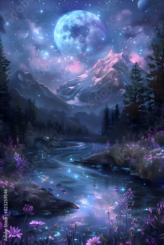 A beautiful landscape with a river and a large moon in the sky