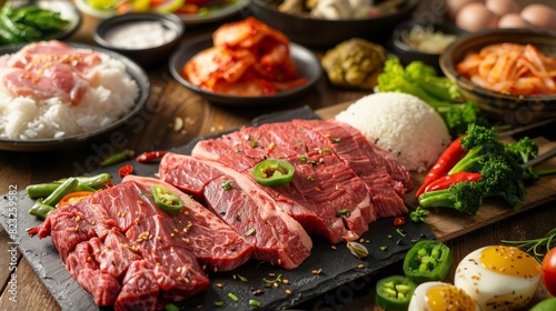 Fresh vegetables with raw rice, whole beef, and beef slices.