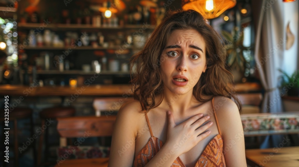 custom made wallpaper toronto digitalShocked Woman with Hand on Chest in Cozy Café for Stock Photography