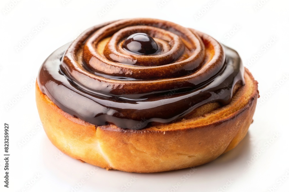 One cinnamon roll with chocolate cream isolated on white background, sweet bun, cromboloni